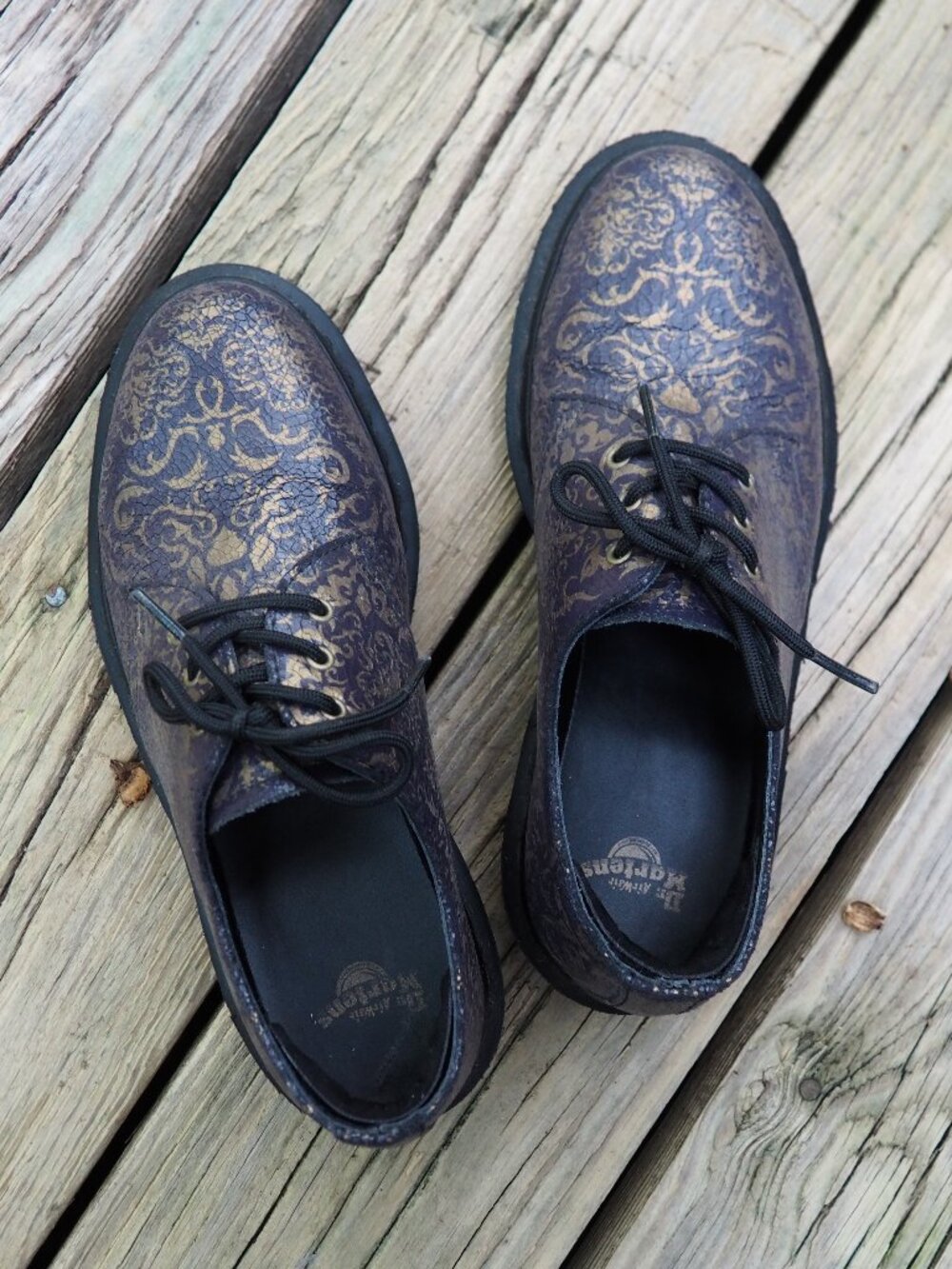 Dr Martens Baroque 1461 oxford brocade pattern purple gold black crackle suede 7